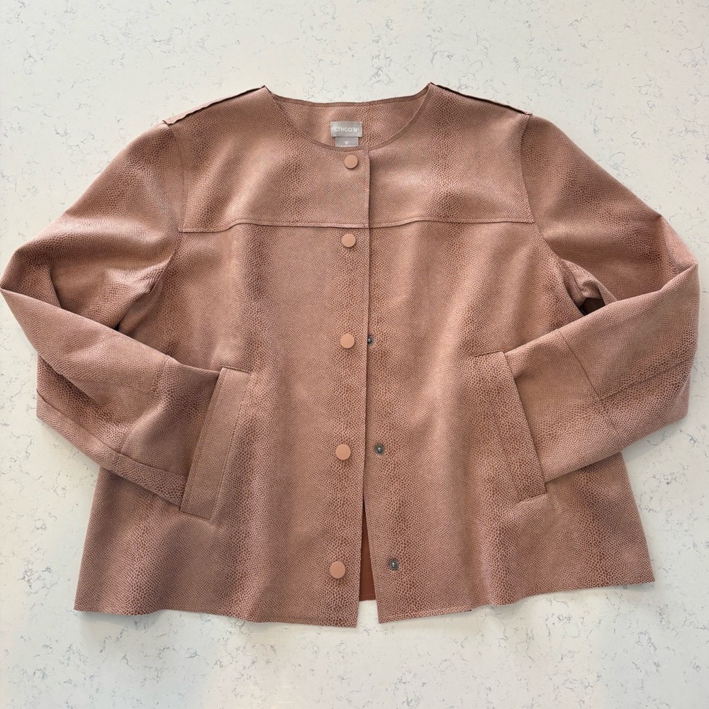 Chico’s Faux Suede Scuba Snakeskin Jacket Office Workwear Size 1 Medium Petite